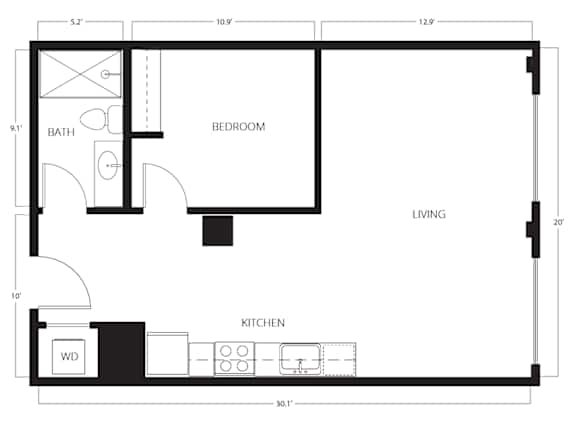 A floor plan of a small apartment with a bedroom, living room, and kitchen.