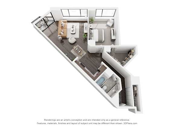 A 3D floor plan of a modern apartment with a kitchen, living room, and bathroom.