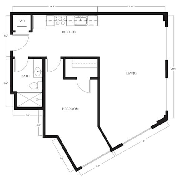 A floor plan of a living space with a kitchen, bathroom and bedroom.