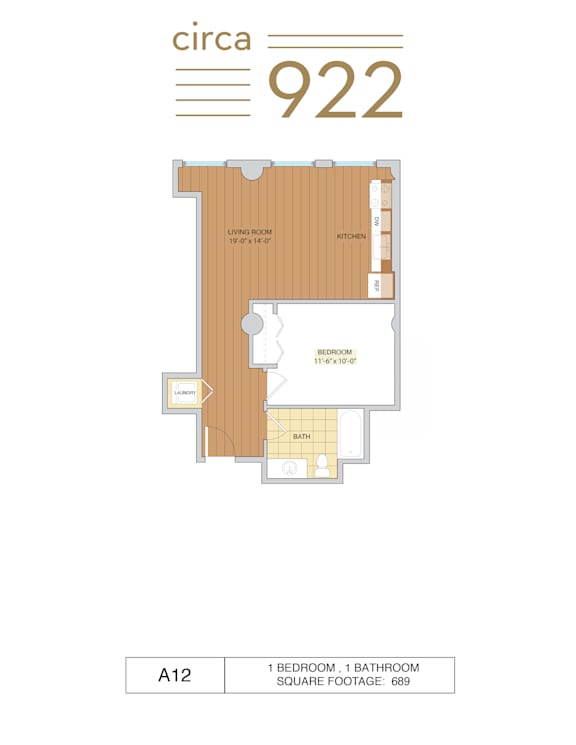 A 1 bedroom, 1 bathroom square footage of 689 is shown.