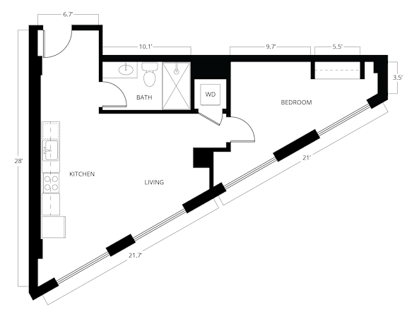 A black and white floor plan of a small apartment with a living room, kitchen, bathroom and bedroom.