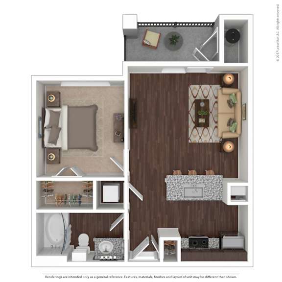 A 3D floor plan of a small apartment with a living room, kitchen, and bathroom.