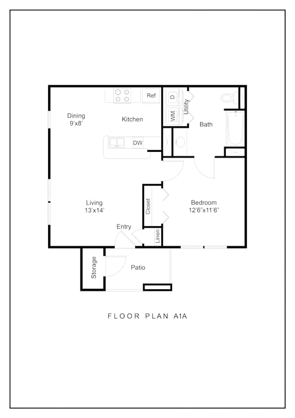 A floor plan of a one bedroom apartment with a living room, dining room, kitchen, bathroom, and storage.