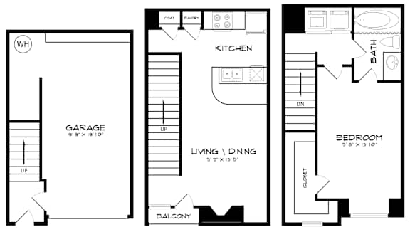 A floor plan of a home showing a garage, kitchen, living room, dining room, and bedroom.