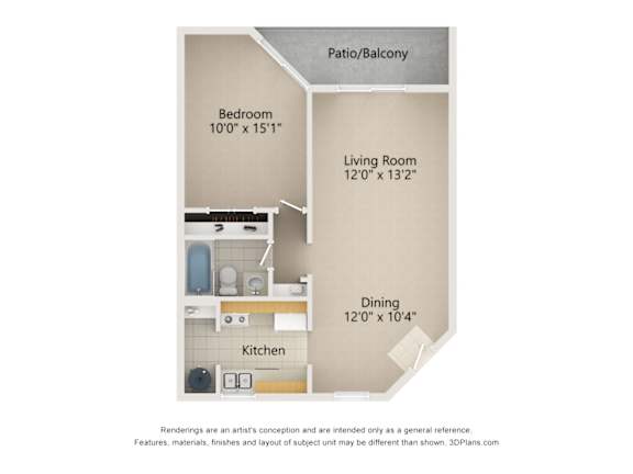 A diagram of a small apartment layout with a bedroom, living room, dining area, and kitchen.
