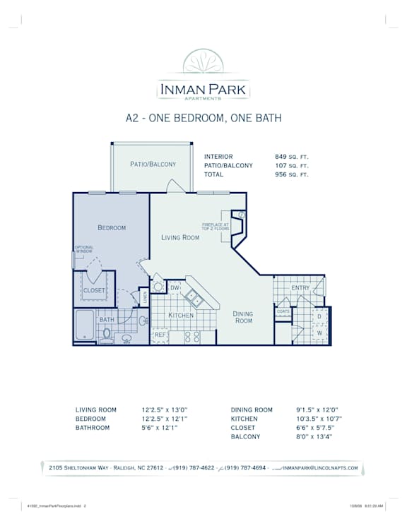 A floor plan for a one bedroom, one bath apartment in Innman Park Apartments.