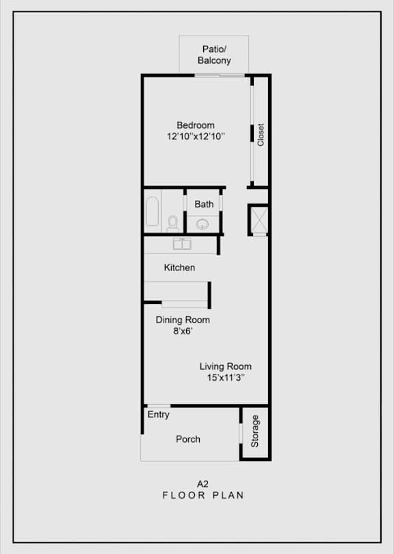 A floor plan of a house with a porch, living room, dining room, kitchen, bath, and bedroom.