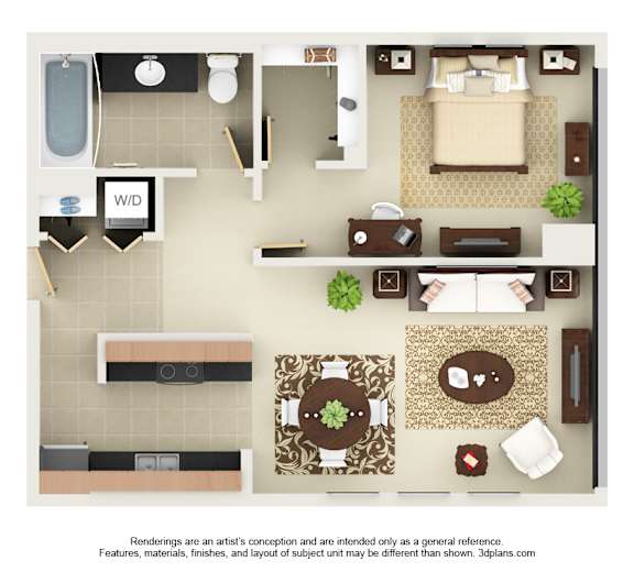 A 3D floor plan of a small apartment with a kitchen, living room, and bathroom.