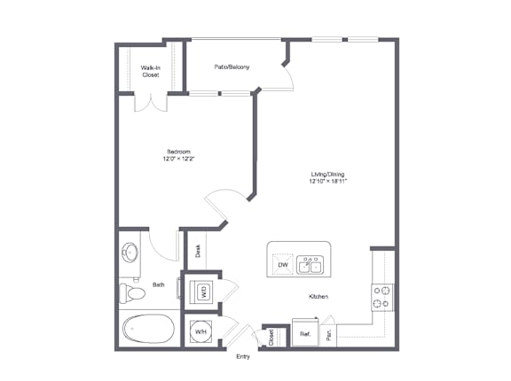 A floor plan of a small apartment with a kitchen, bathroom, and living room.