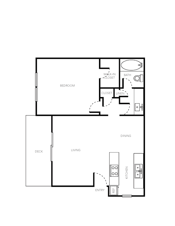 A floor plan of a home with a living room, dining room, kitchen, and bathroom.