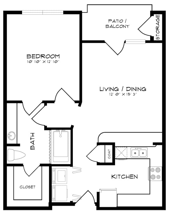A black and white image of a floor plan for a small apartment.
