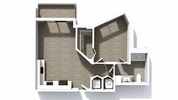 A diagram of a house layout with a living room, kitchen, and bathroom.