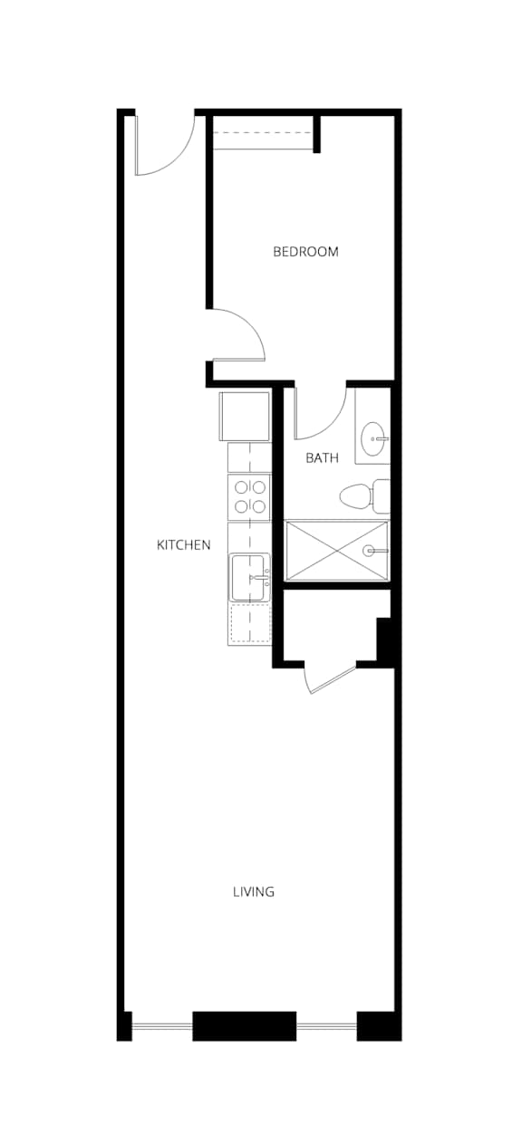 A floor plan of a small apartment with a living room, kitchen, and two bedrooms.