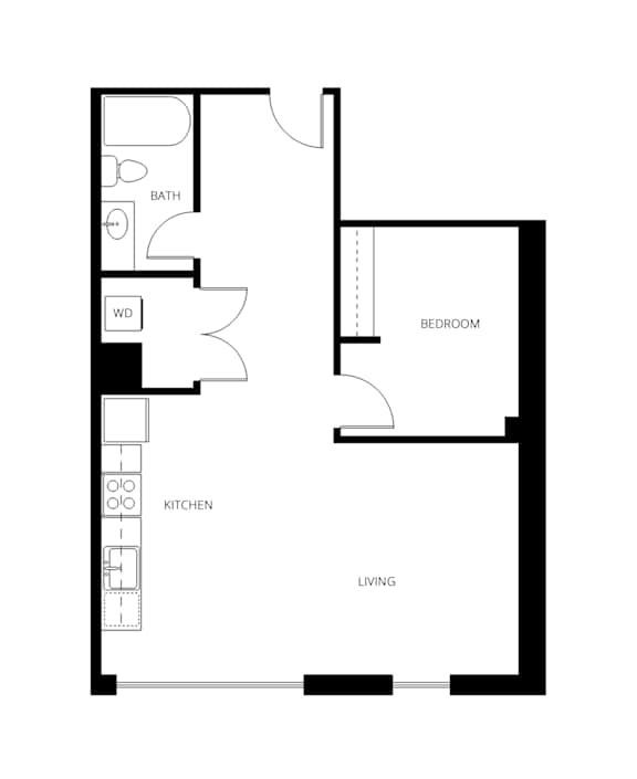 A floor plan of a house with a living room, kitchen, bedroom and bathroom.
