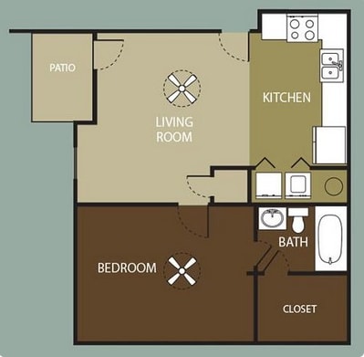 A floor plan of a living space showing a kitchen, living room, bedroom, bathroom, and closet.