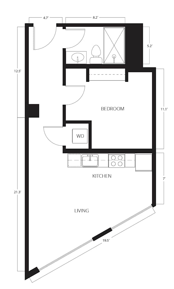A floor plan of a room with a bedroom, a kitchen, and a living room.