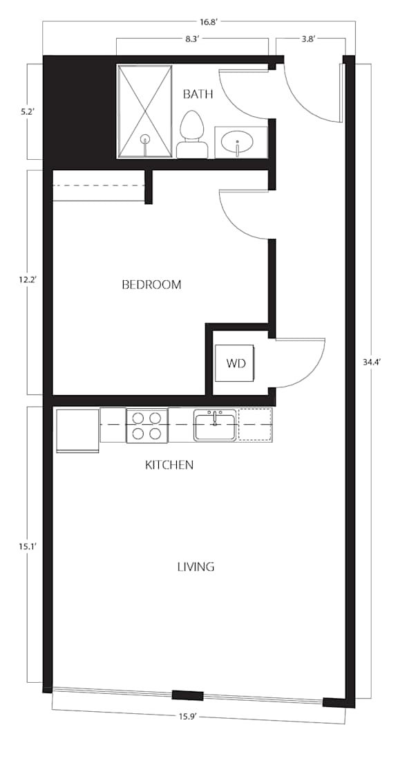 A floor plan of a small apartment with a living room, kitchen, bedroom and bathroom.