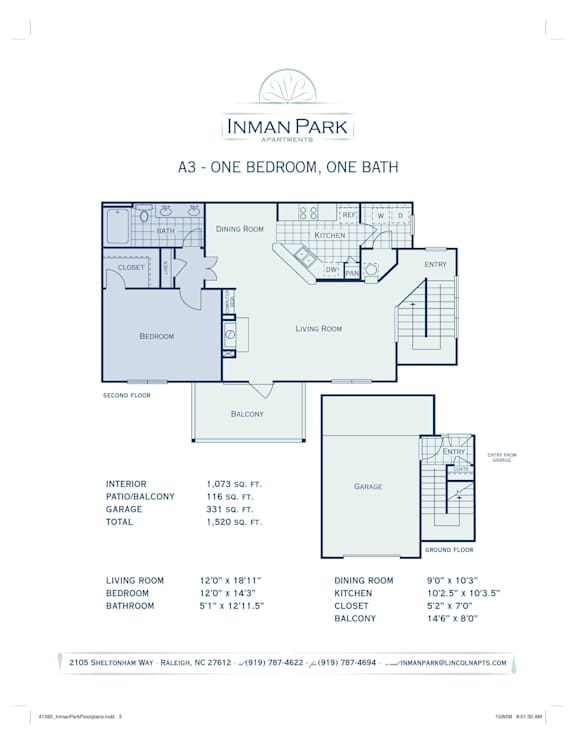 A floor plan for a one bedroom, one bath apartment in Innman Park Apartments.