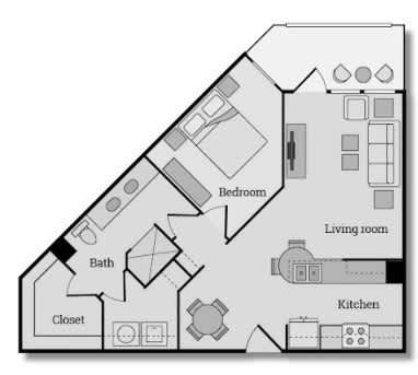 783 sq ft one bedroom one bathroom floorplan with balcony, walk-in closet, and dual vanity