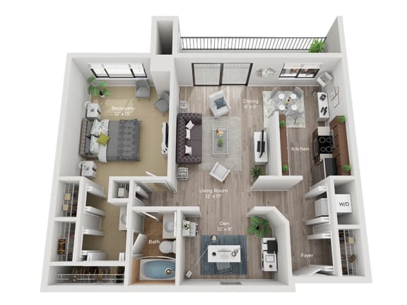a 3d floor plan of a 3 bedroom apartment at Central Park East in Arlington Heights, IL