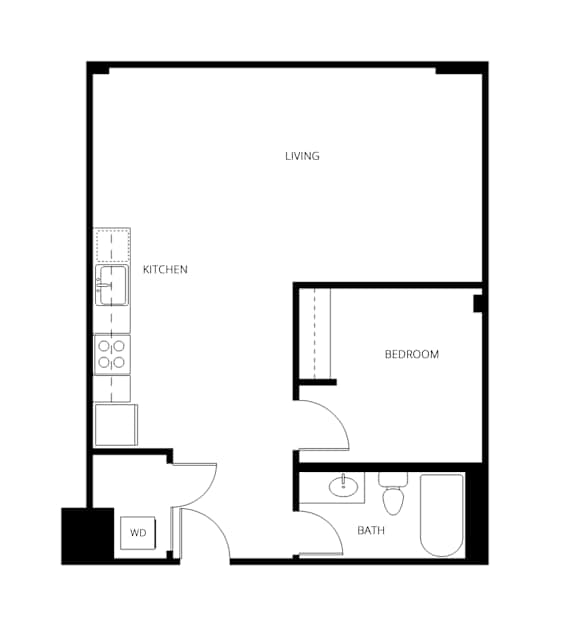 A floor plan of a living space with a kitchen and bathroom.