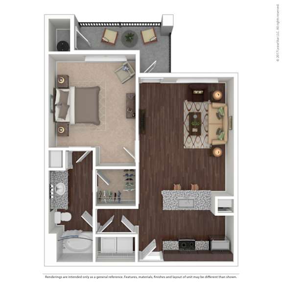 A 3D rendered image of a floor plan of a house.