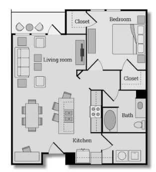 857 Sq Ft One bedroom One bathroom apartment with kitchen island, large living room, laundry room, and dual walk-in closets