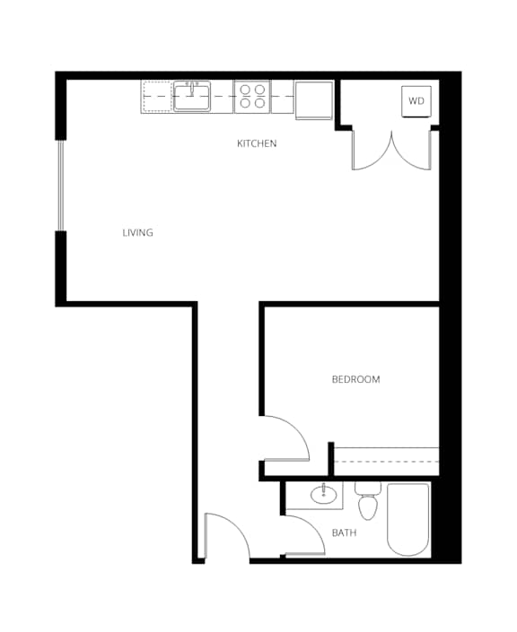 A floor plan of a small apartment with a living room, kitchen, bedroom, and bathroom.