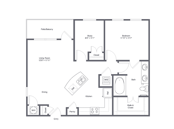 A floor plan of a house with a living room, dining room, kitchen, and bathroom.