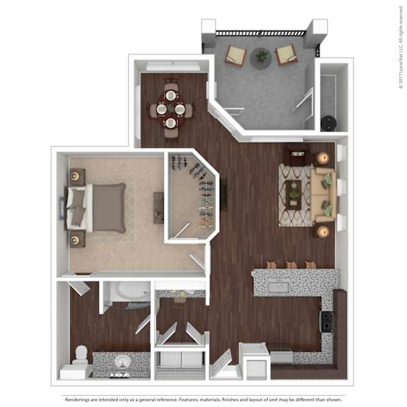 A 3D floor plan of a house with a kitchen, living room, and dining area.