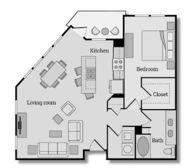 Spacious one bedroom apartment with large kitchen islans