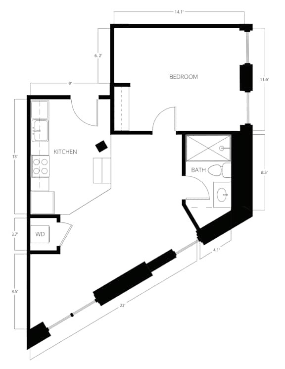 A floor plan of a home with a kitchen, bathroom, and bedroom.