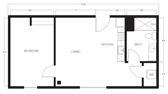 A floor plan of a small apartment with a bedroom, living room, kitchen, and bathroom.