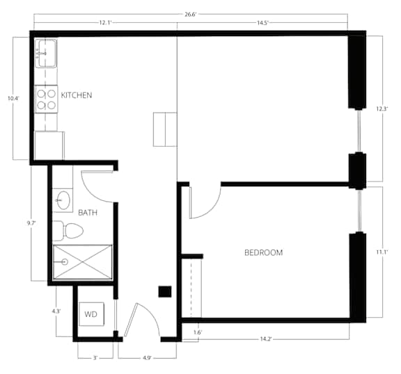 A floor plan of a room with a kitchen, bath, and bedroom.