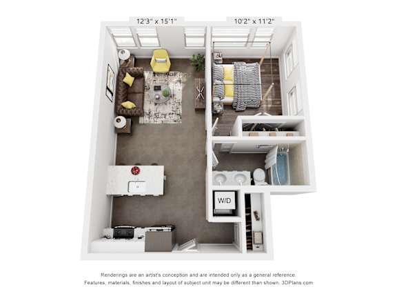 A 3D floor plan of a small apartment with a living room, kitchen, and bedroom.