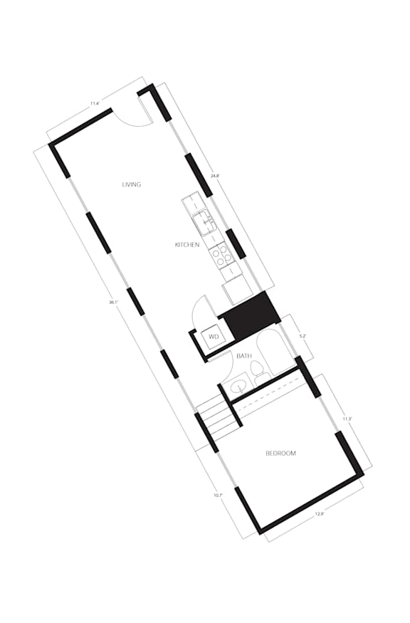 A floor plan of a house with a living room, kitchen, bathroom, and bedroom.