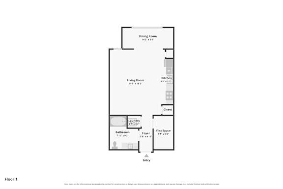 A floor plan of a house with a living room, dining room, kitchen, bathroom, laundry room, and entry.