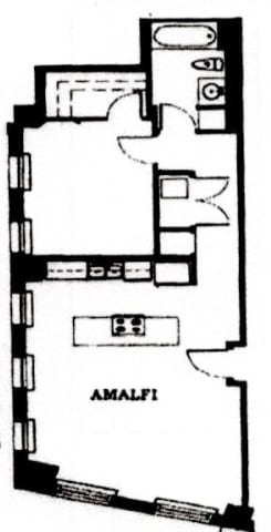 A floor plan of a house with a kitchen, living room, and bathroom.