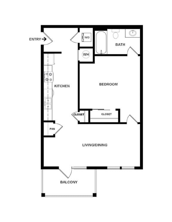 A floor plan of a small apartment with a bedroom, a kitchen, and a living room.