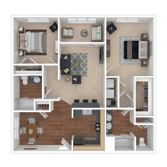 A top-down view of a house layout with a kitchen, living room, dining room, and bathroom.