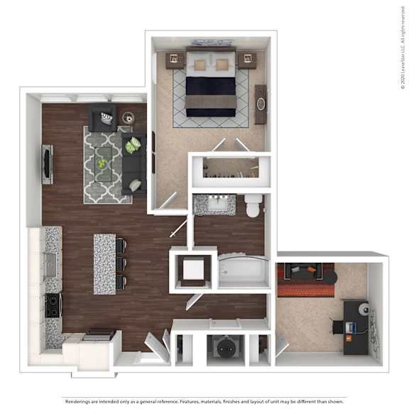 A floor plan of a small apartment with a kitchen, living room, and bedroom.