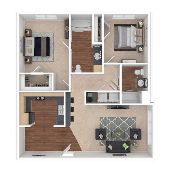 A 3D floor plan of a house showing the layout of the rooms.
