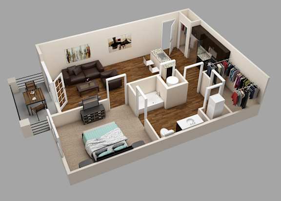 A 3D rendered image of a small apartment layout.