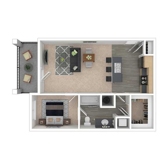 A top-down view of a small apartment with a kitchen, living room, and bathroom.