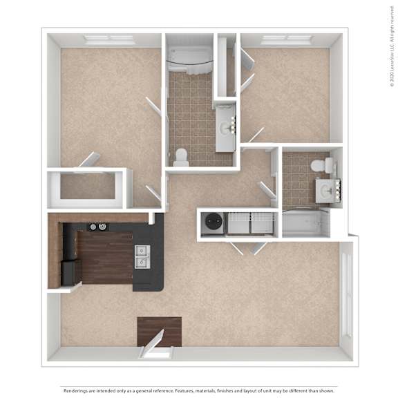 A floor plan of a small apartment with a kitchen, bathroom, and living room.