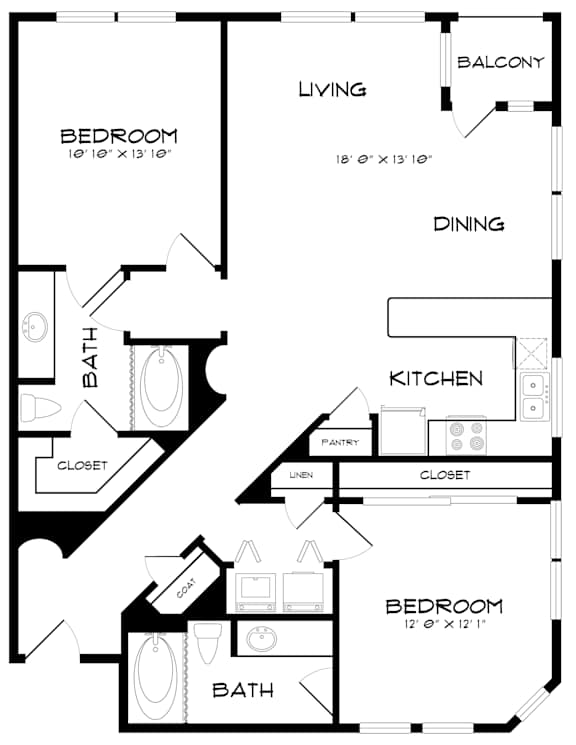 A black and white image of a house floor plan with a living room, dining room, kitchen, two bedrooms, two bathrooms, and a balcony.