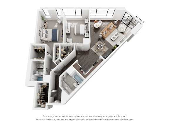 A 3D floor plan of a house with a kitchen, living room, and bathrooms.