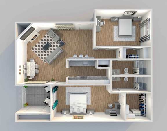 A 3D floor plan of a house with a kitchen, living room, and bathroom.