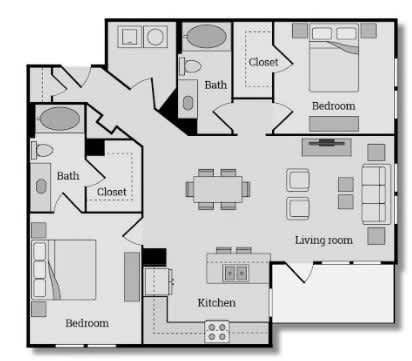 1,134 sq ft Two Bedroom Two Bathroom Floorplan with Large Living and Dining Room, Primary Bedroom with On-suite Bathroom and Walk-In Closet, and Laundry Room