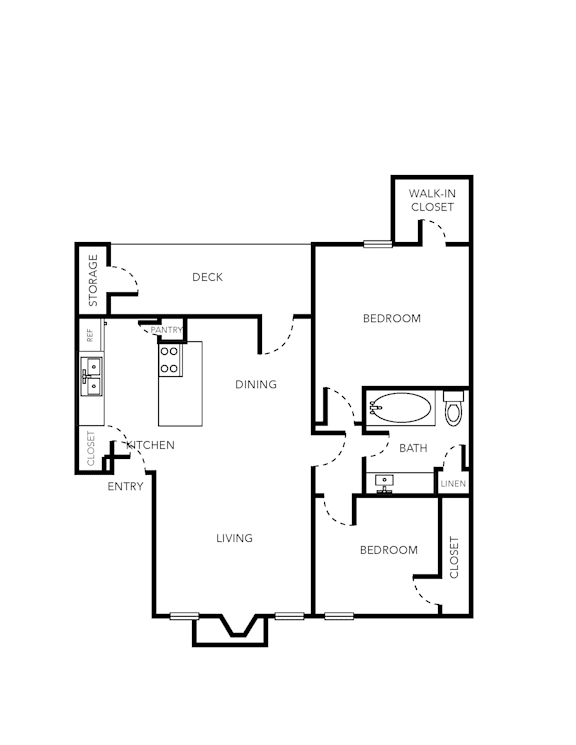 A floor plan of a house with two bedrooms, a living room, a dining room, a kitchen, a bathroom, a storage area, and a walk-in closet.